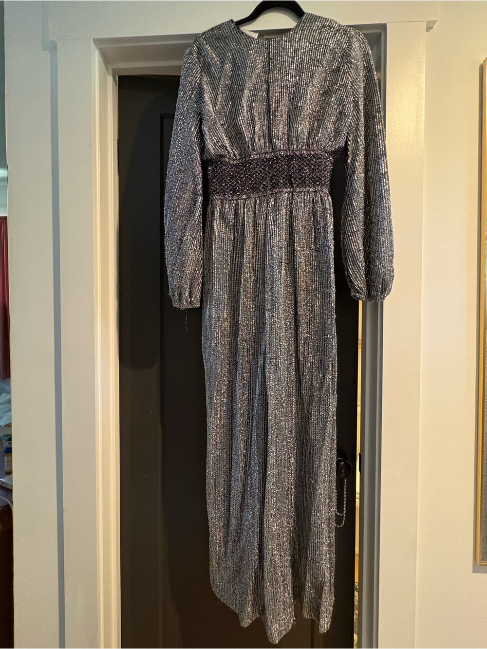 Lord & Taylor Metallic Gray Long Sleeve Maxi Dress with Smocked Waist